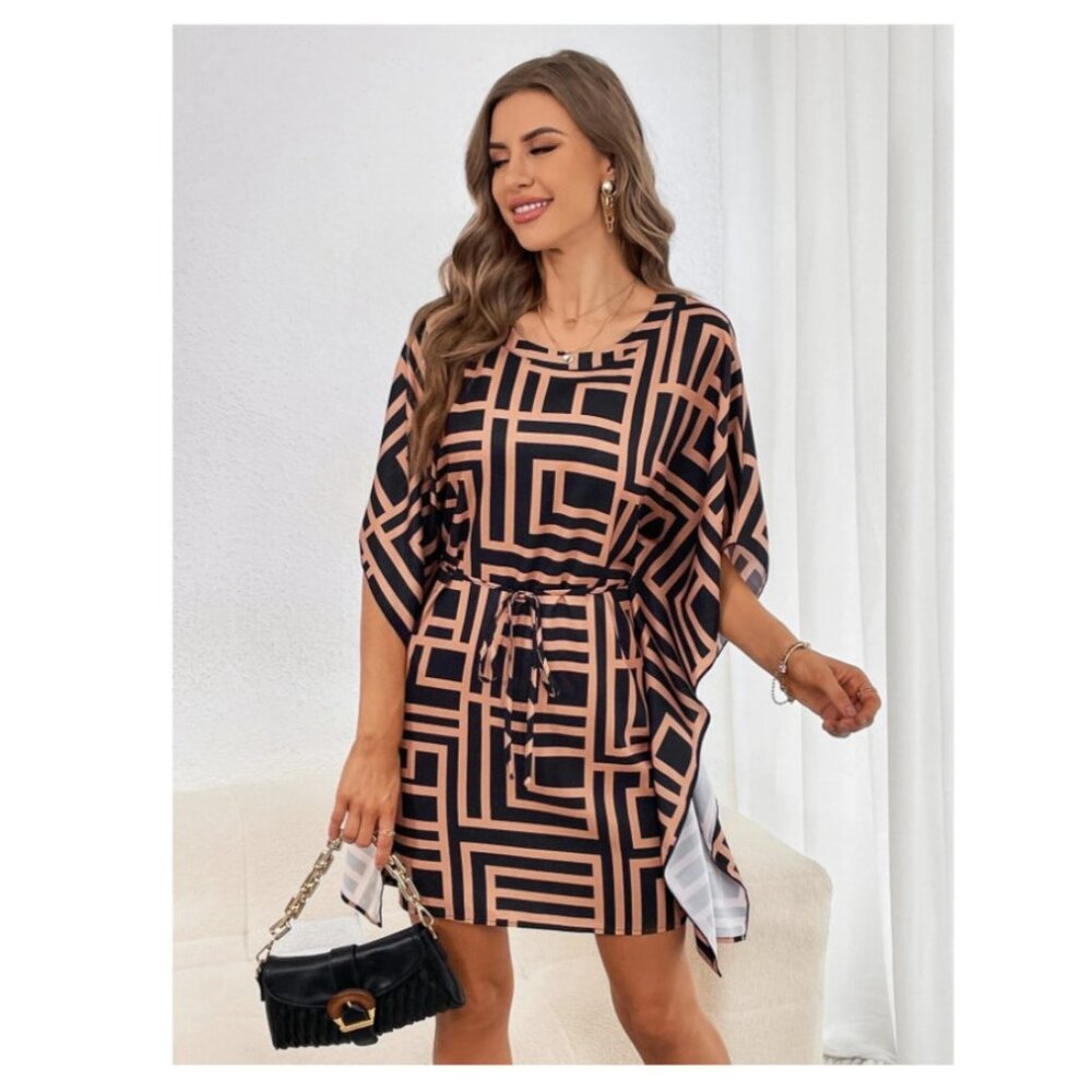 SHEIN Dress Clasi Allover Print Batwing Sleeve Belted, Women's, M - Picture 4 of 7